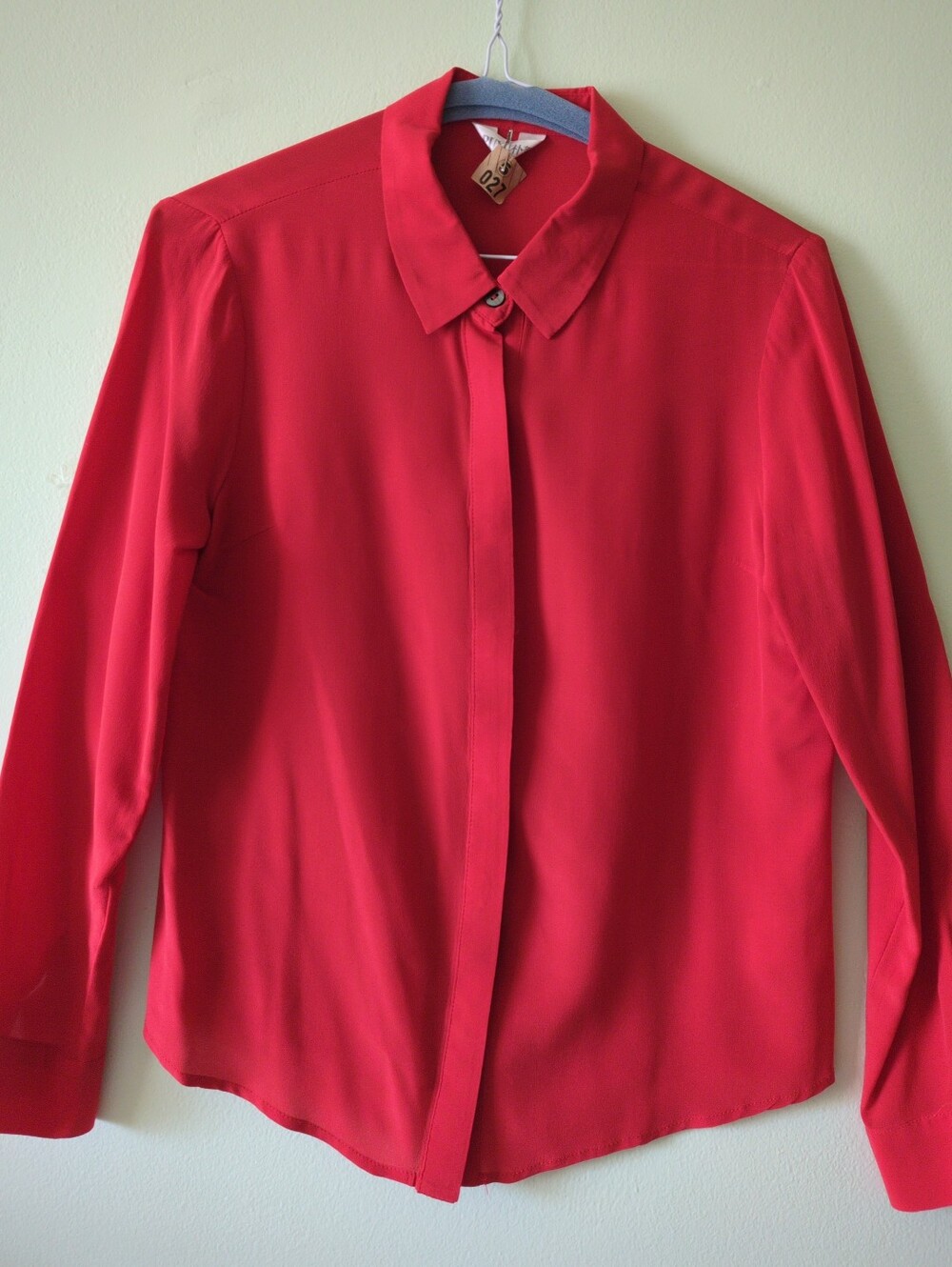 FREE WHEN BUNDLED Red 100% Silk Button Up Collared Blouse Long Sleeve XS